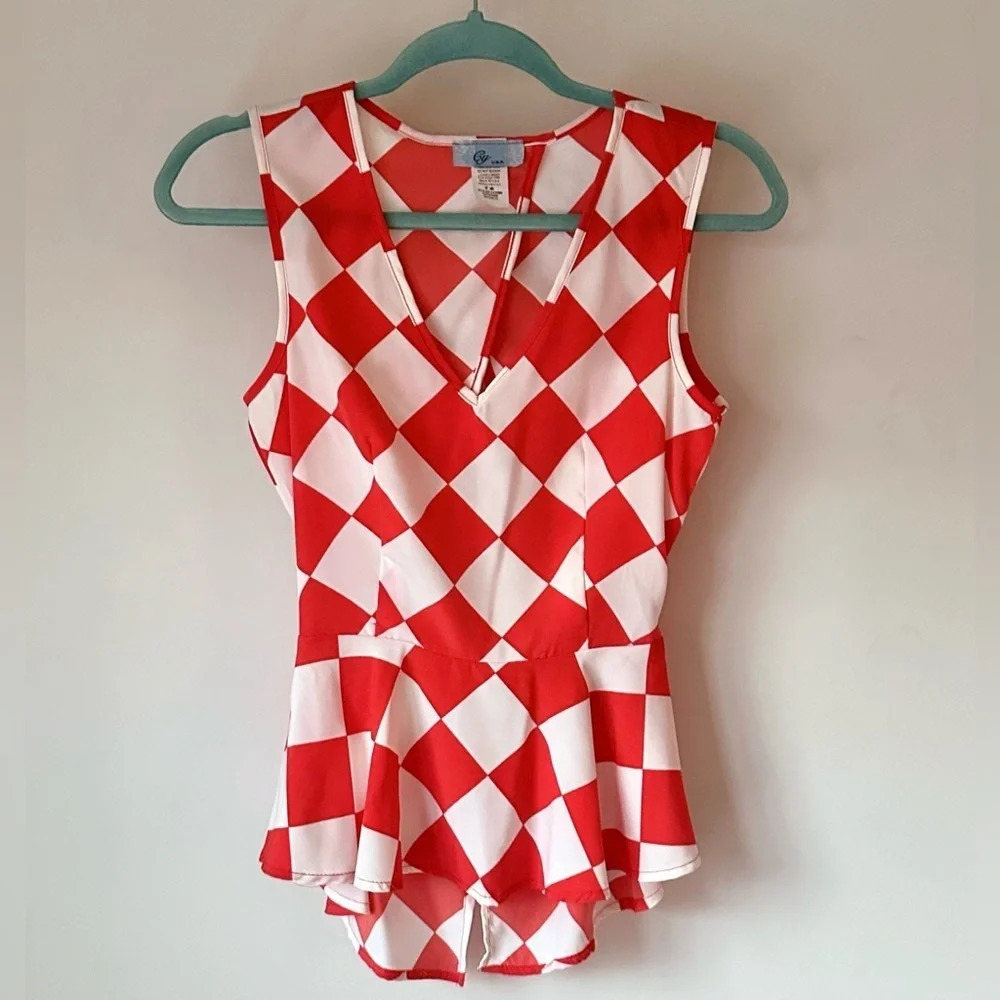 Cy Retro Checkered Open Back Peplum Blouse - Size S